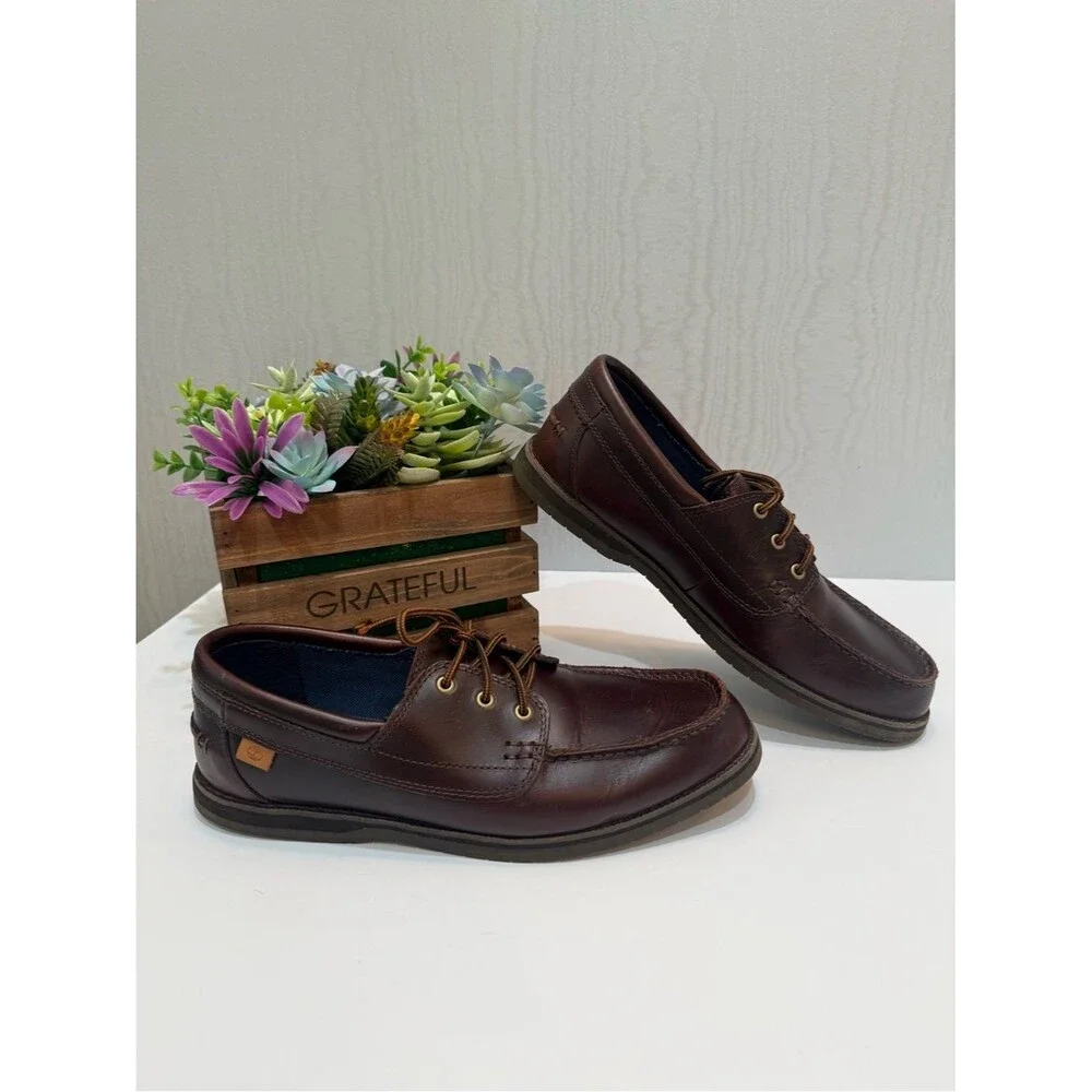 Timberland OrthoLite Classic Brown 3-Eye Leather Boat Shoes Men’s Sz 9.5